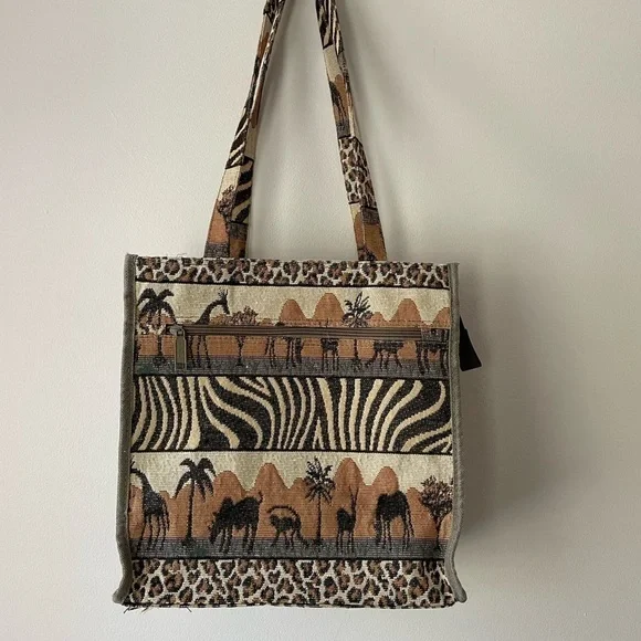 Vintage 80s Safari Animal Print tapestry tote bag vacation beach resort travel - Picture 2 of 12